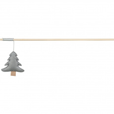 Vianočný hrací prút so stromčekom a catnipom, 48 cm, plsť/drevo, sivá