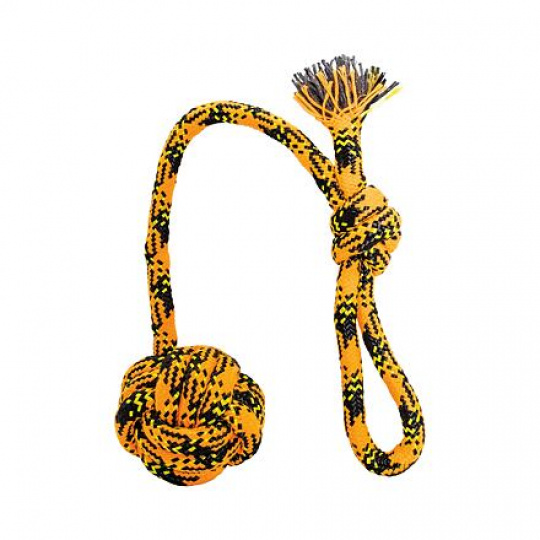 Vrhacie bavlnené lano s loptičkou HipHop Dog ROPE o 7cm / 48 cm, neon oranžová, čierna, žltá