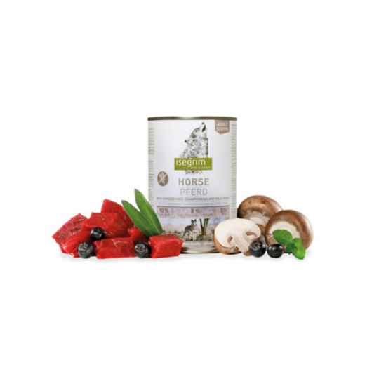 ISEGRIM dog Adult Mono Horse pure with Aróniou, Šampiňónmi & Lesnými bylinkami bal. 6 x 400 g konzerva