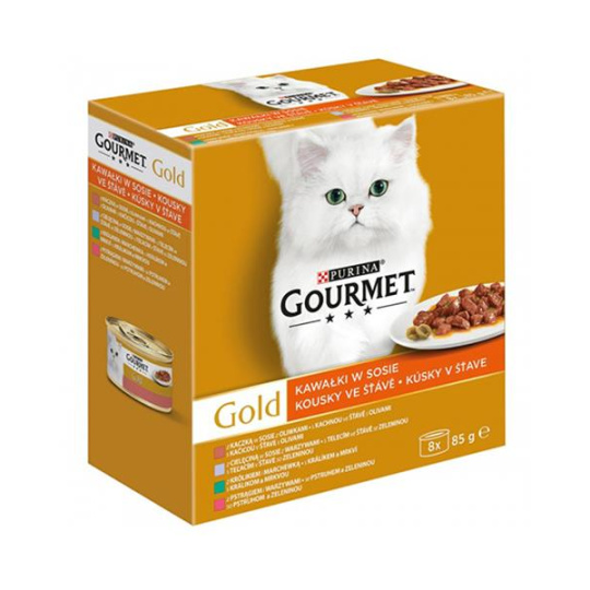 Nestlé GOURMET GOLD Multipack kačica s olivami/teľacie so zeleninou/pstruh so zeleninou/králik s mrkvou v šťave konz.8x85 g
