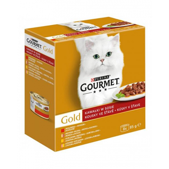 Nestlé GOURMET GOLD Multipack hovädzie, morka s kačicou, losos s kuraťom, kura s pečeňou v šťave konz.8x85 g