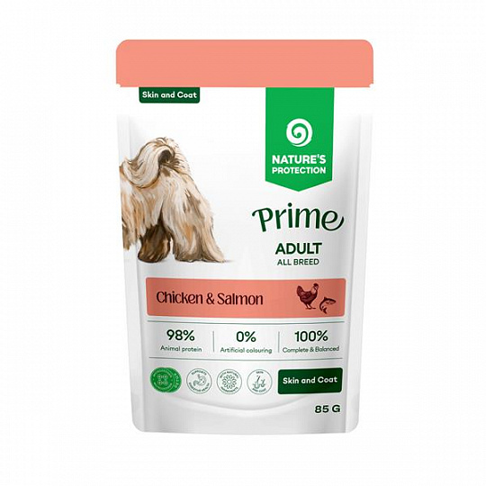 Natures P Prime KAPSIČKA dog adult skin&coat chicken&salmon 85 g Natures P Prime KAPSIČKA dog adult skin&coat chicken&salmon 85 g