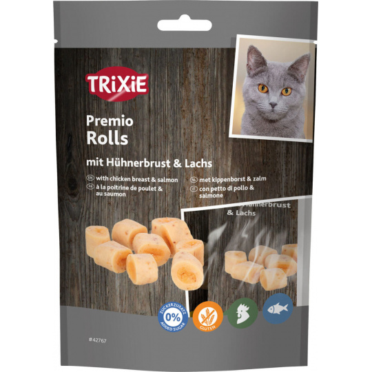 PREMIO Rolls, valčeky s kuracím a lososom, obsah mäsa 72 %, 50 g