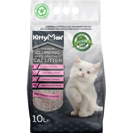 KITTYMAX hrudkující, bezprašný bílý bentonit BABY POWDER  10 l