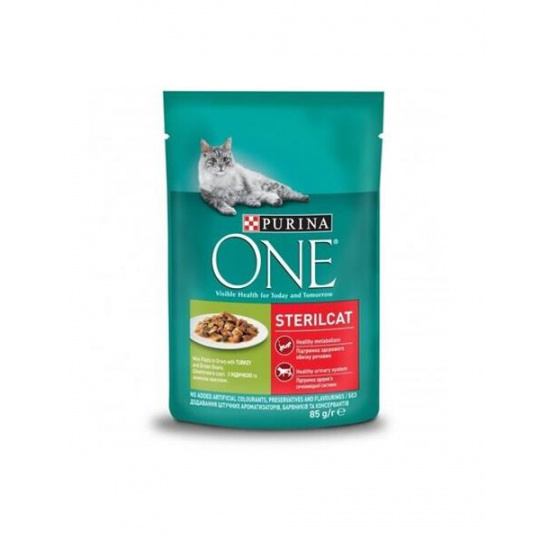 Nestlé PURINA ONE cat Sterilcat mini filety s morčacím a zelenými fazuľkami v šťave 26x85g