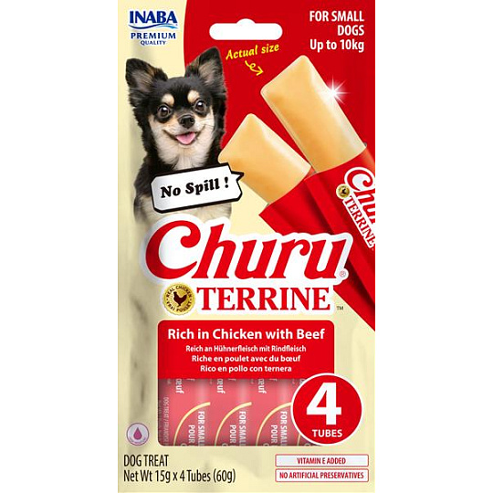 Pamlsok Inaba Churu Terrine dog kura s hovädzím 4 x 15 g Pamlsok Inaba Churu Terrine dog kura s hovädzím 4 x 15 g