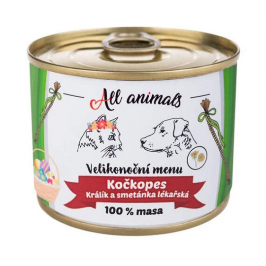 ALL ANIMALS Veľkonočné menu KOČKOPES - limitovaná edícia konzerva s králikom a púpavou 200 g ALL ANIMALS Veľkonočné menu KOČKOPES - limitovaná edícia konzerva s králikom a púpavou 200 g
