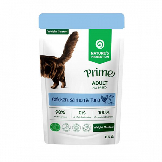 Natures P Prime KAPSIČKA cat adult weight control  chicken&salmon&tuna 85 g