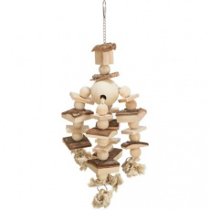 Závesná hračka s drevenými kockami a guľôčkami na uzlíkoch