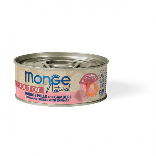 MONGE NATURAL tuniak s kúskami kurčaťa a kreviet pre mačky 80 g