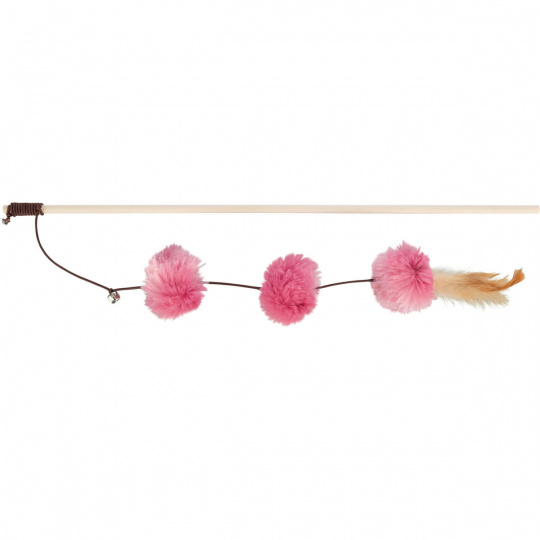 Vábnička/prút s pompon guľôčkami a perím, 40cm