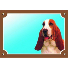 Farebná ceduľka Pozor pes, Baset