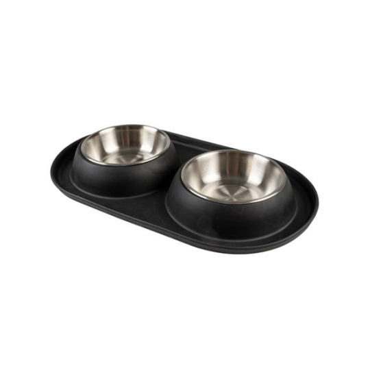Miska DUVO+ Podložka s dvoma miskami nerez gumená čierna s priemerom 11,3 cm 2 x 220 ml