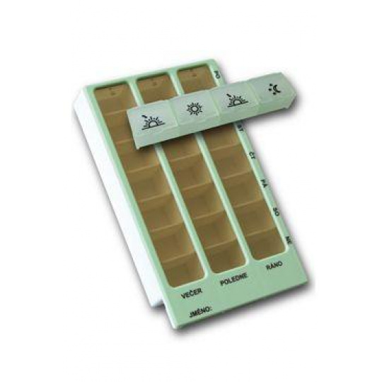 Dávkovač liekov týždenný typ 02 sv.zelený+typ 04zd