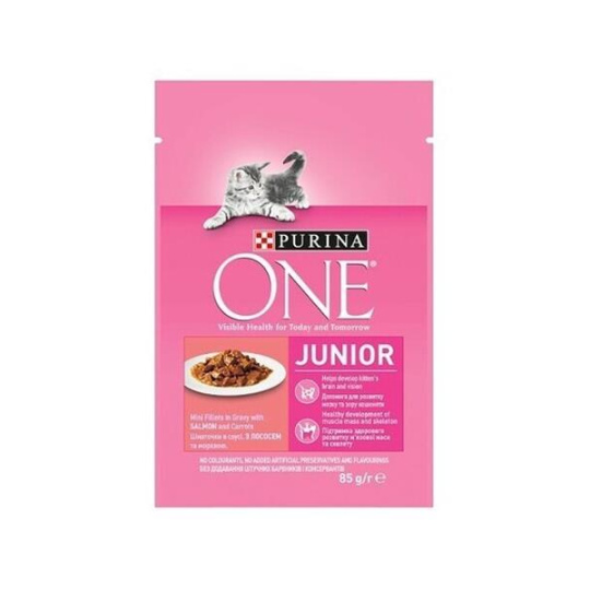 Nestlé PURINA ONE cat Junior mini filé s lososom a mrkvou v šťave 26x85g