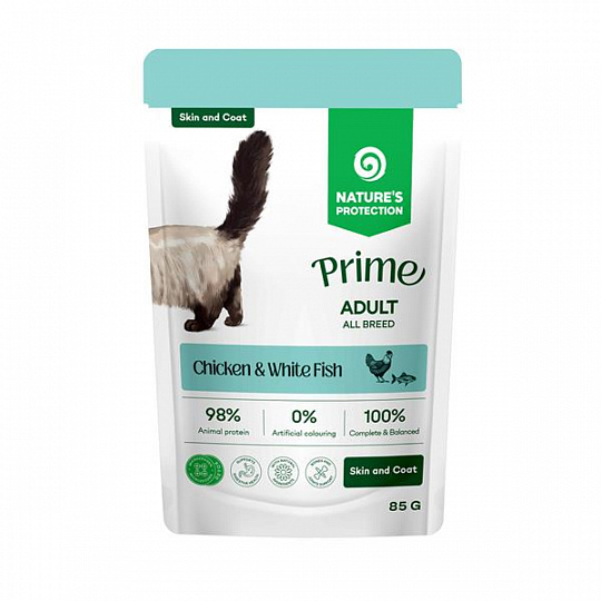 Natures P Prime KAPSIČKA cat adult skin&coat chicken&white fish 85 g Natures P Prime KAPSIČKA cat adult skin&coat chicken&white fish 85 g