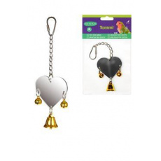 Hračka pre exoty zrkadielko srdce so zvončekom a rolničkami