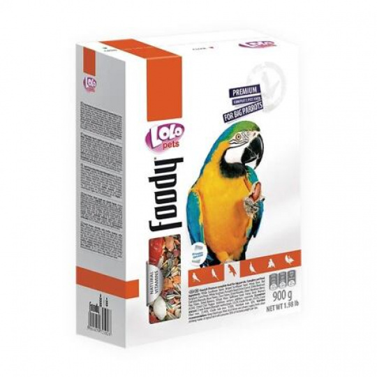 LOLO Foody kompletné krmivo pre veľké papagáje 900 g krabička