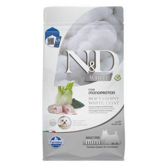 Farmina N&D dog WHITE (GF) adult mini, morský vlk, spirulina & fenikel 2 kg