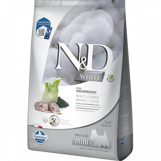 Farmina N&D dog WHITE (GF) adult mini, sea bass, spirulina & fenel 5 kg Farmina N&D dog WHITE (GF) adult mini, sea bass, spirulina & fenel 5 kg