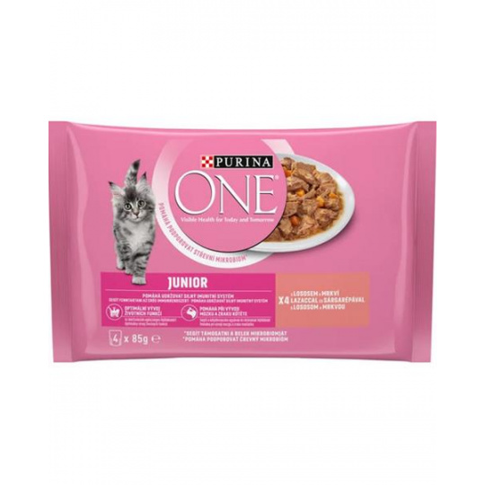 Nestlé PURINA ONE cat Junior mini filetky s lososom a mrkvou v šťave 4x85g Nestlé PURINA ONE cat Junior mini filetky s lososom a mrkvou v šťave 4x85g